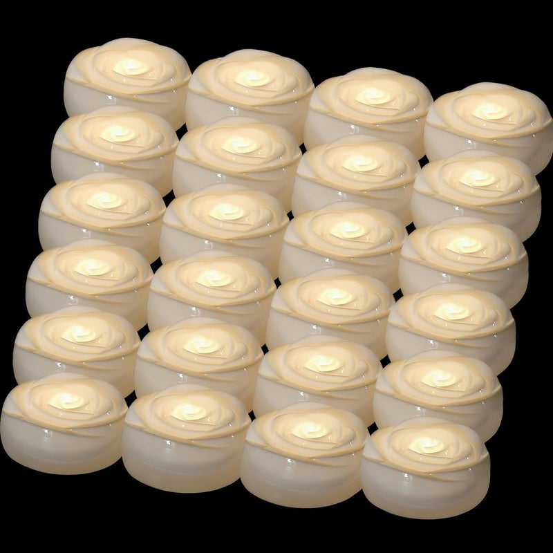 Aignis 24pcs Flameless LED Floating Candles, White Rose Plastic Tealight Battery Operated, 120+ Hours Glow Time, Cozy Light for Romantic Pool/Bathtub/Hot Bath/Wedding Centerpiece Decor(D2.83*H1.42) - Image 1